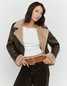 Tally Weijl brown aviator jacket with beige shearling trim, angled model view