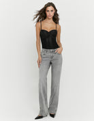 Tally Weijl grey low waist straight leg jeans worn by model, front view
