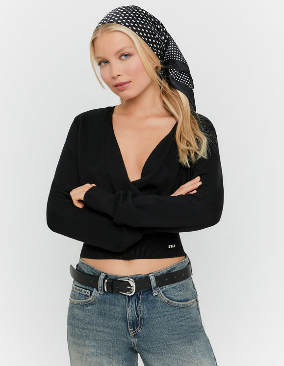 Tally Weijl Black Wrap Knit Jumper worn by model, front view