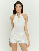 Tally Weijl White Sequin Shorts worn by model, front view