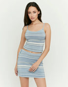 Tally Weijl blue and white striped mini skirt worn by model, front view