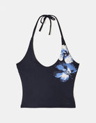 Tally Weijl blue printed halter top front view with floral print at the shoulder