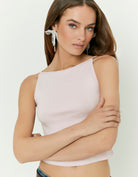 Tally Weijl pink basic top worn by model, angled front view