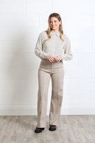Rant & Rave Stella shirt in brown and white stripe, worn by model, full front view