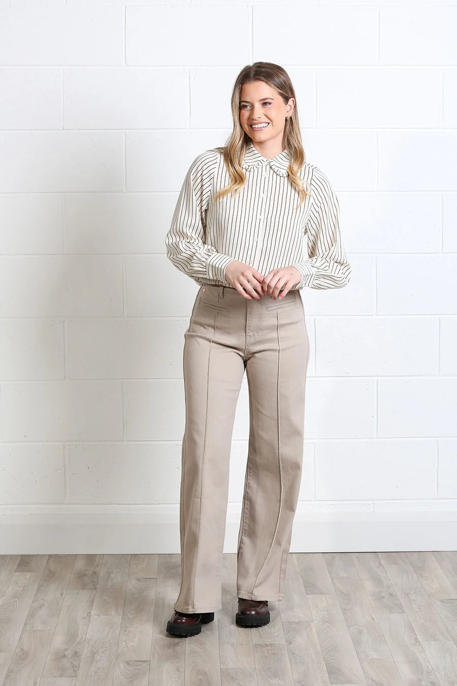 Rant & Rave Stella shirt in brown and white stripe, worn by model, full front view