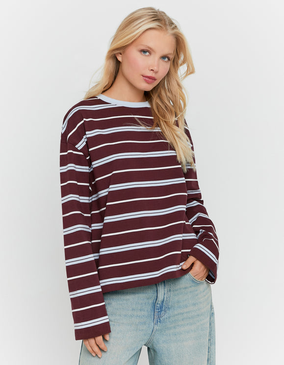 Tally Weijl Burgundy Striped T Shirt worn by model, front view