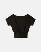 Tally Weijl black asymmetric lace top, front view with lace waistband