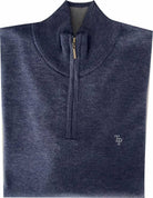 Tom Penn Indigo 1/4 Zip Knit laid flat showing the stand collar, quarter zip and chest logo