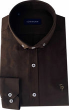 Folded front view of the Tom Penn Brown Oxford shirt showing the collar, buttons and chest logo