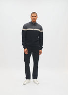 Diesel Tully Half Zip Charcoal Marl sweater in charcoal grey and black with cream stripe, worn by model, front view