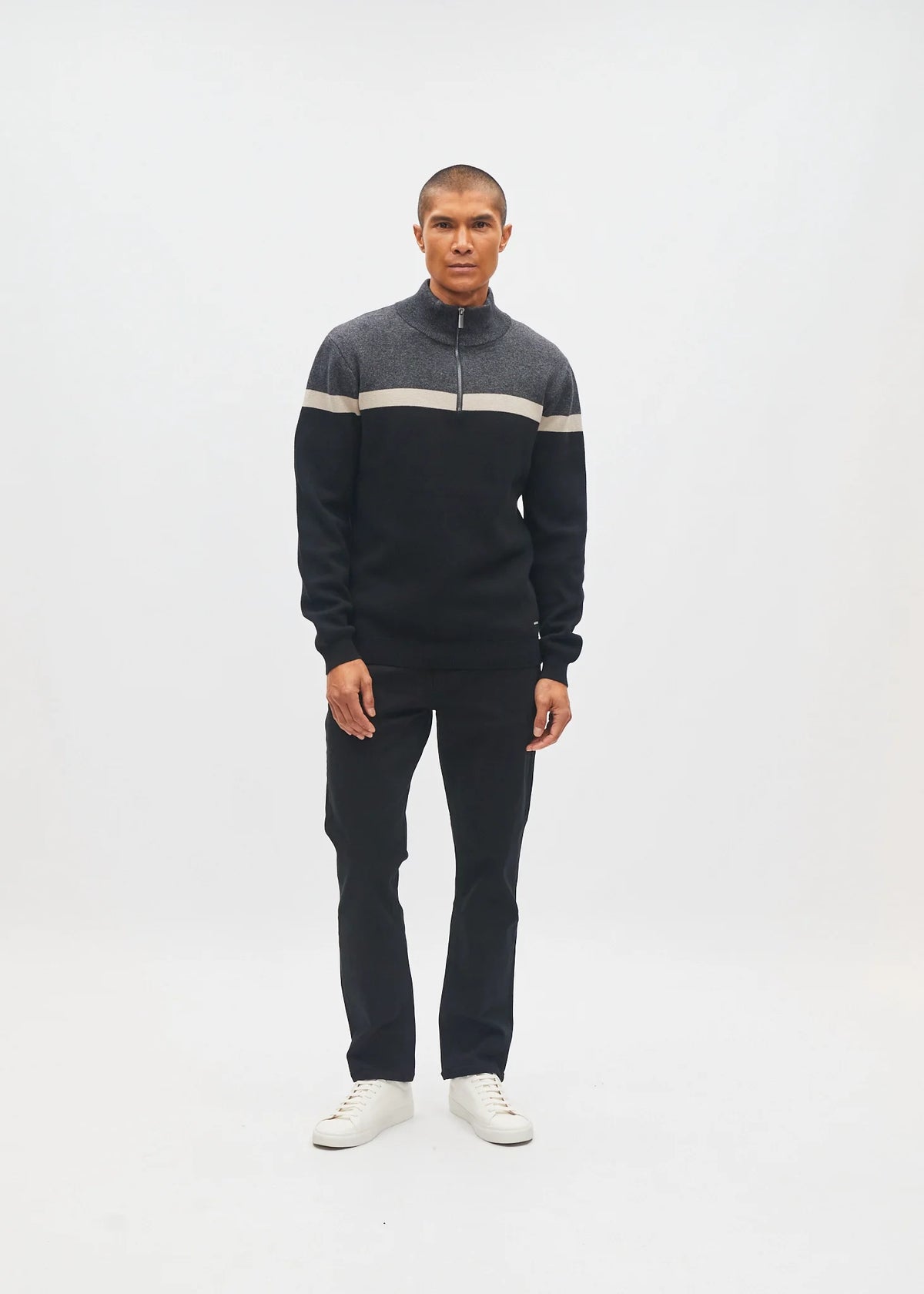 Diesel Tully Half Zip Charcoal Marl sweater in charcoal grey and black with cream stripe, worn by model, front view