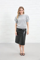 Rant & Rave Victoria Knit Top in silver worn by a model, full front view, 