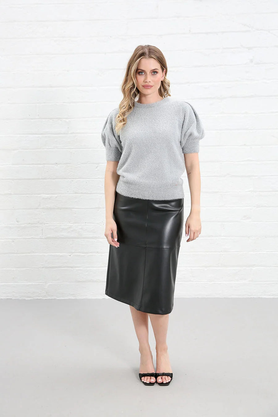Rant & Rave Victoria Knit Top in silver worn by a model, full front view, 
