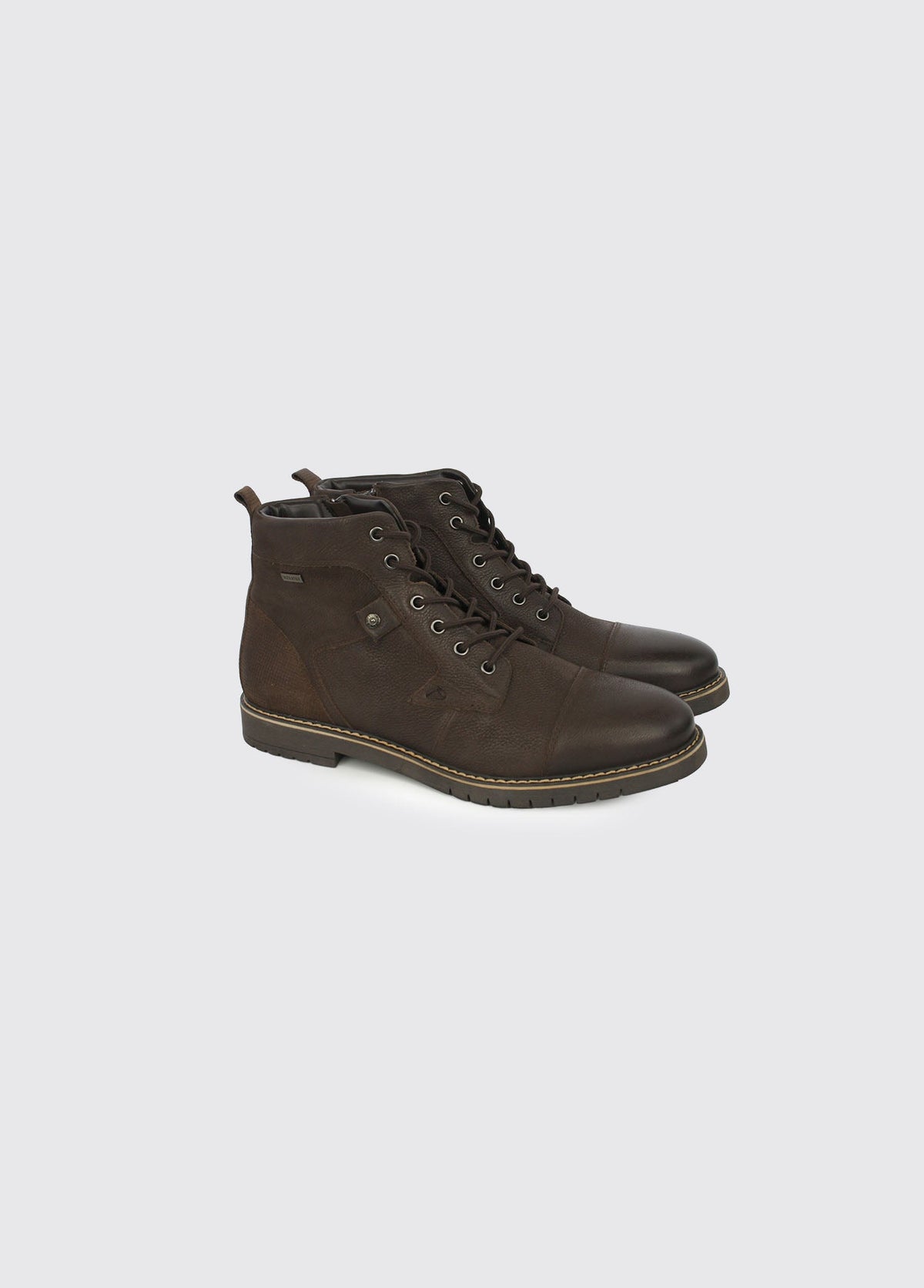 Dubarry Stetson men's boot in cigar, angled side view showing lace - up leather upper and contrast sole stitching