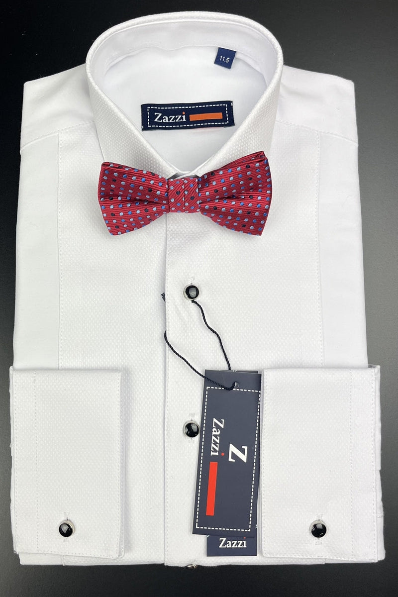White tuxedo dress shirt with a red polka dot bow tie and Zazzi branding on a gray background
