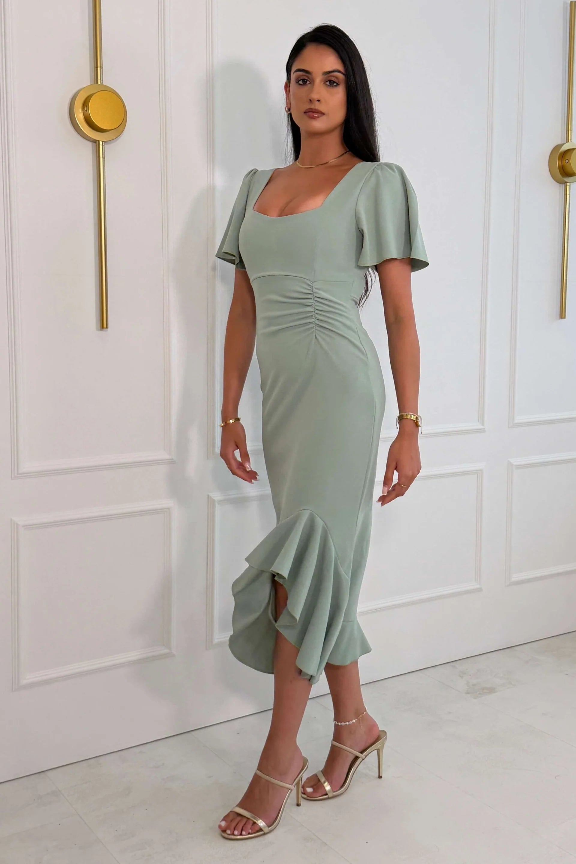 Girl In Mind Darcie sage frill midi dress worn by model, angled front view