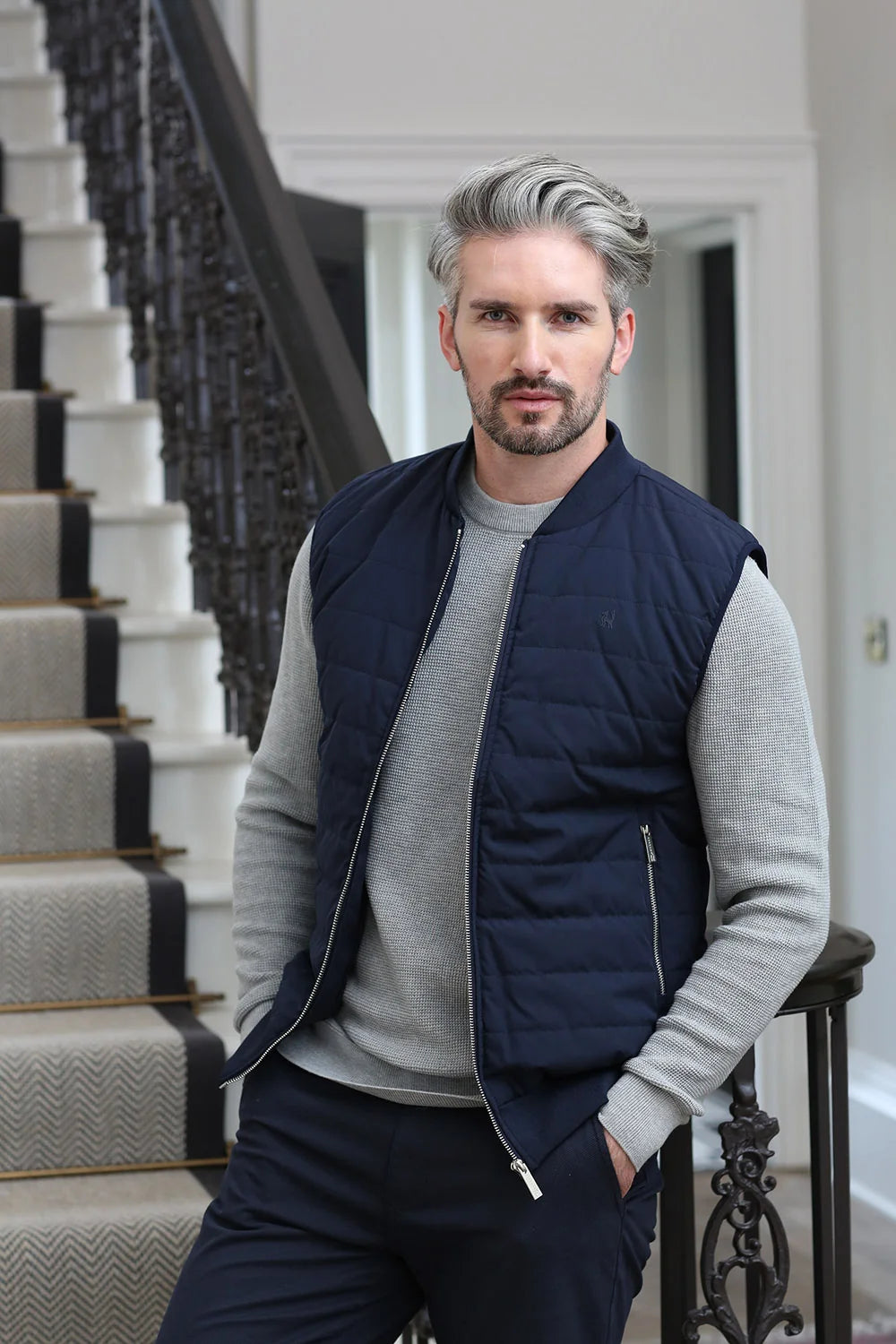 Kenrow Andy Gilet Navy worn by model over grey jumper