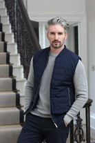 Kenrow Andy Gilet Navy worn by model over grey jumper
