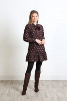Rant & Rave Annabelle brown polka dot dress, angled front model view