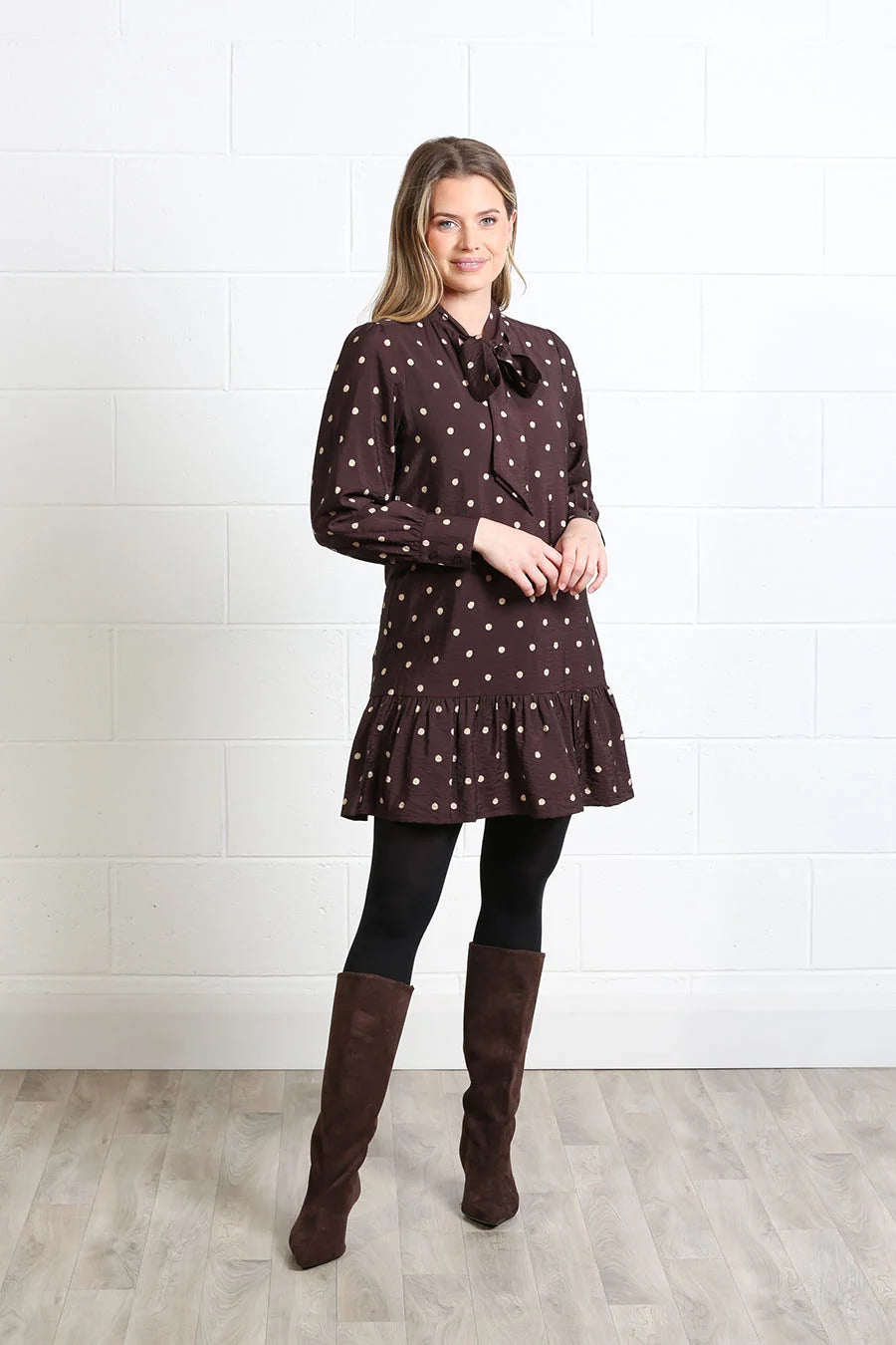 Rant & Rave Annabelle brown polka dot dress, angled front model view