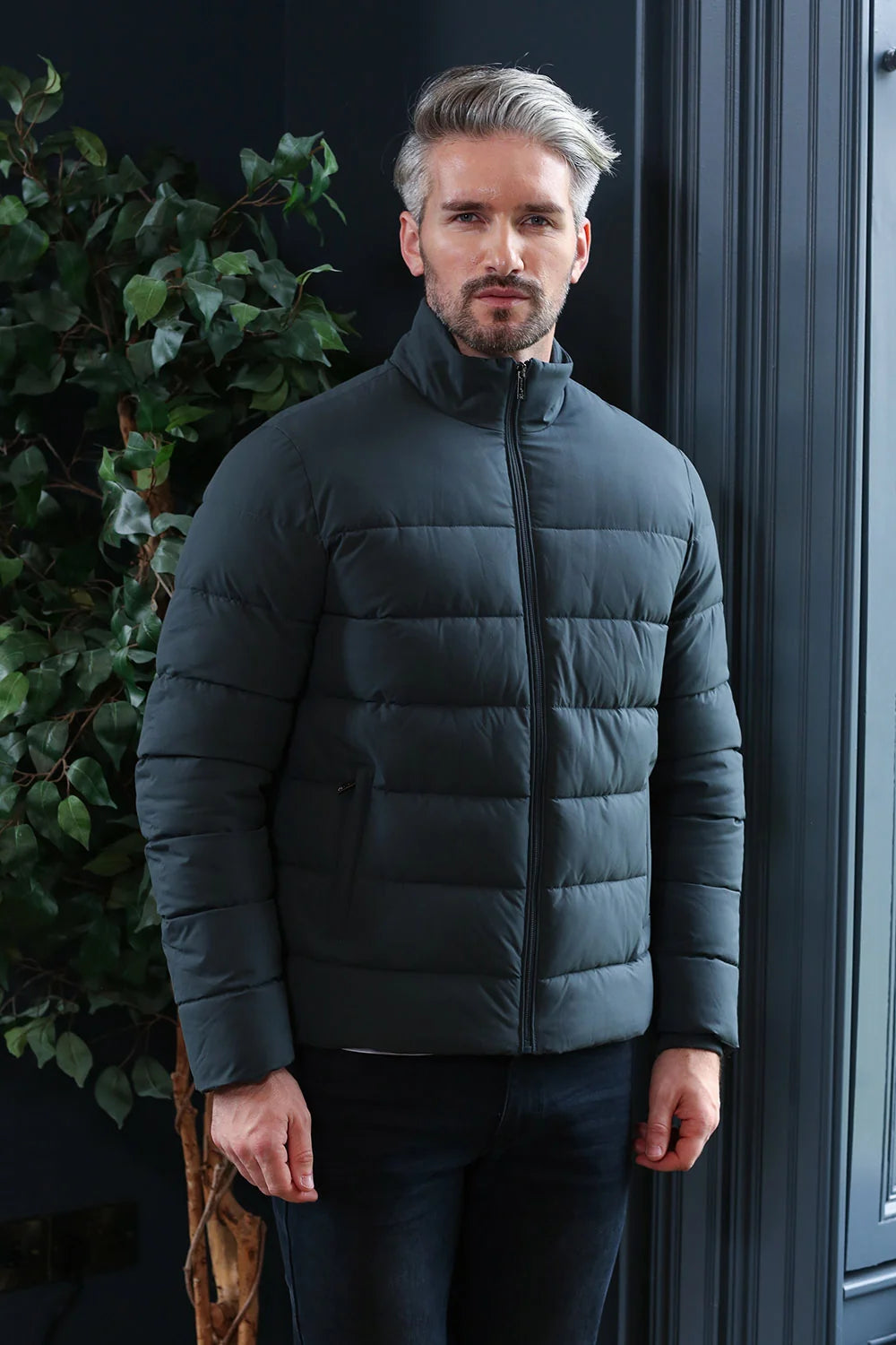 Kenrow Beck Jacket Pewter worn by model, front view with zip closed and hands at sides