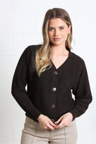 Rant & Rave Claire Cardigan in dark brown, front view showing V-neck and button placket