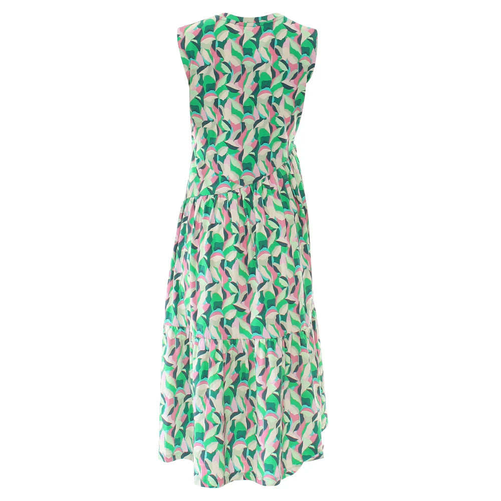 Rant & Rave Relax & Renew Effie dress in multi, back view with sleeveless design and tiered midi skirt