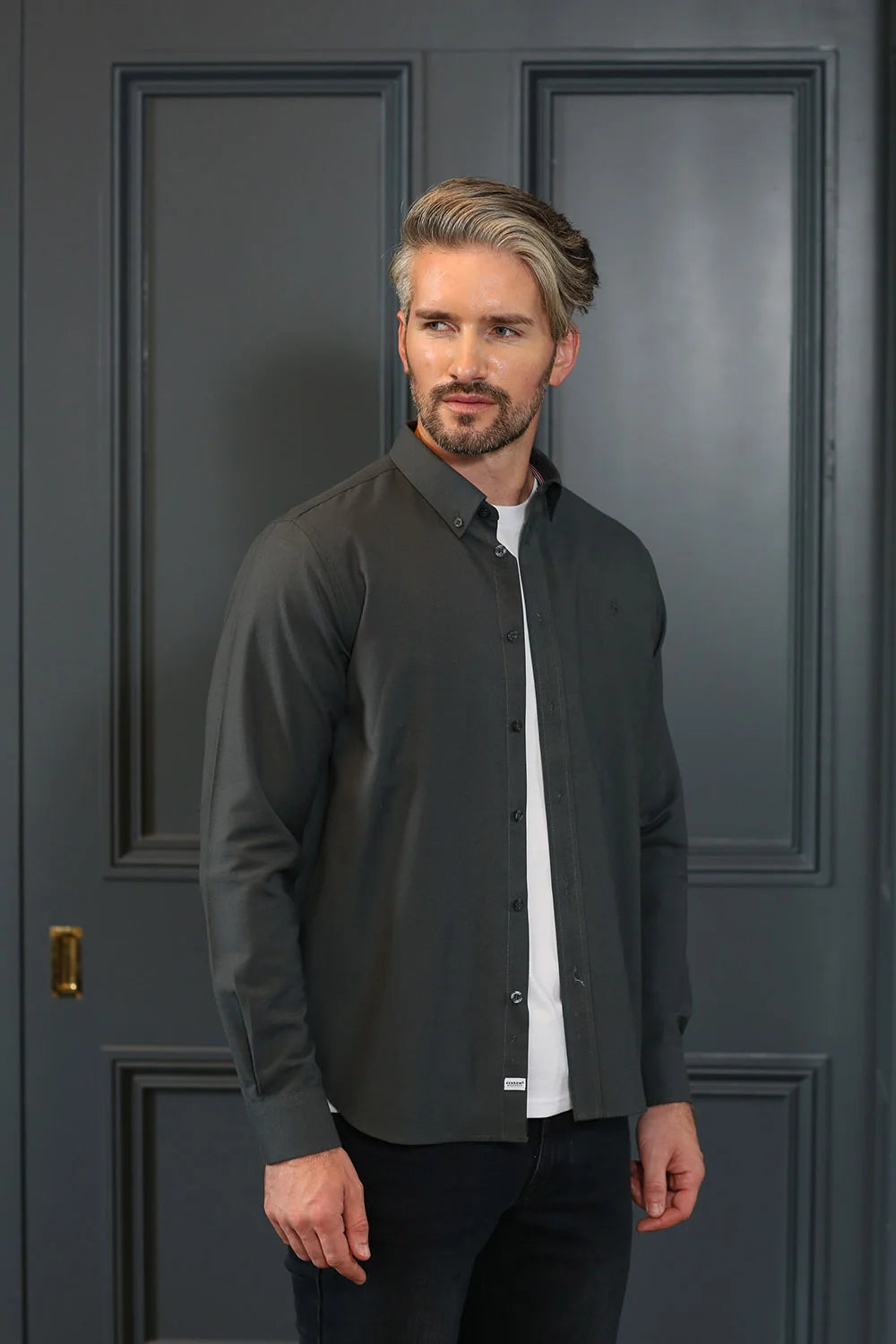 Kenrow Fritz Shirt Pewter Green angled model view worn over a white t-shirt