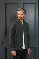 Kenrow Fritz Shirt Pewter Green angled model view worn over a white t-shirt
