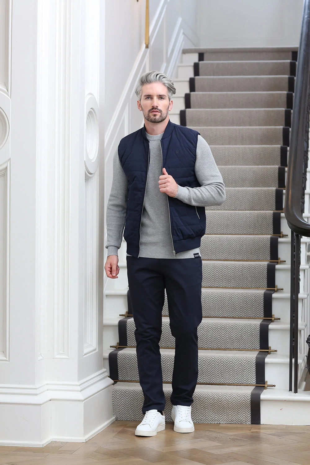 Kenrow Jett Chino Navy styled with a navy gilet, front view worn by model