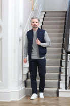 Kenrow Jett Chino Navy styled with a navy gilet, front view worn by model