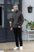 Kenrow Justin Half Zip Stone Melange sweater worn by model with hands in pockets