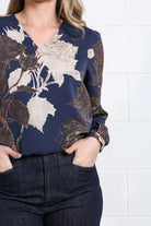 Rant & Rave Mia blue floral blouse detail with V-neck and long sleeve