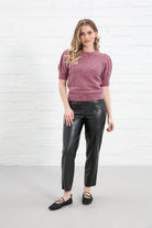 Rant & Rave Penelope Trouser Black worn by model, front view with pink knit top and flats