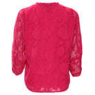 Rant & Rave Primrose top in cerise, back view with sheer floral texture and long sleeves
