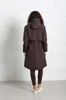 Rant & Rave Relax & Renew Becca jacket in chocolate brown, back model view with hood