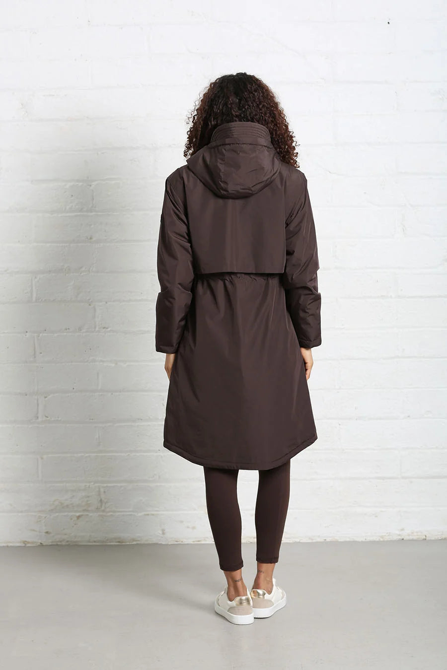 Rant & Rave Relax & Renew Becca jacket in chocolate brown, back model view with hood