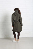 Rant & Rave Relax & Renew Becca jacket in khaki, back model view with hood.