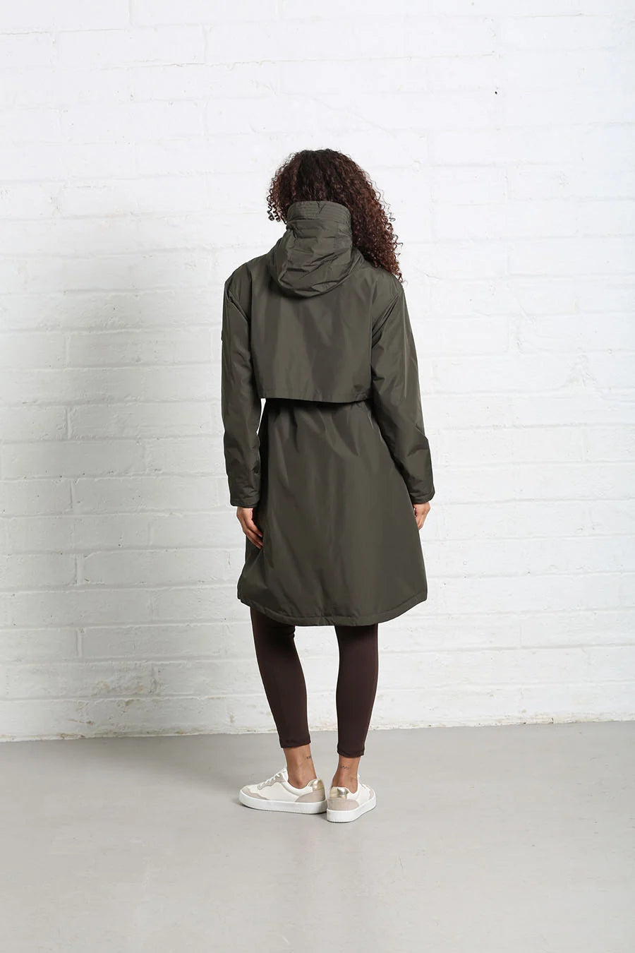 Rant & Rave Relax & Renew Becca jacket in khaki, back model view with hood.