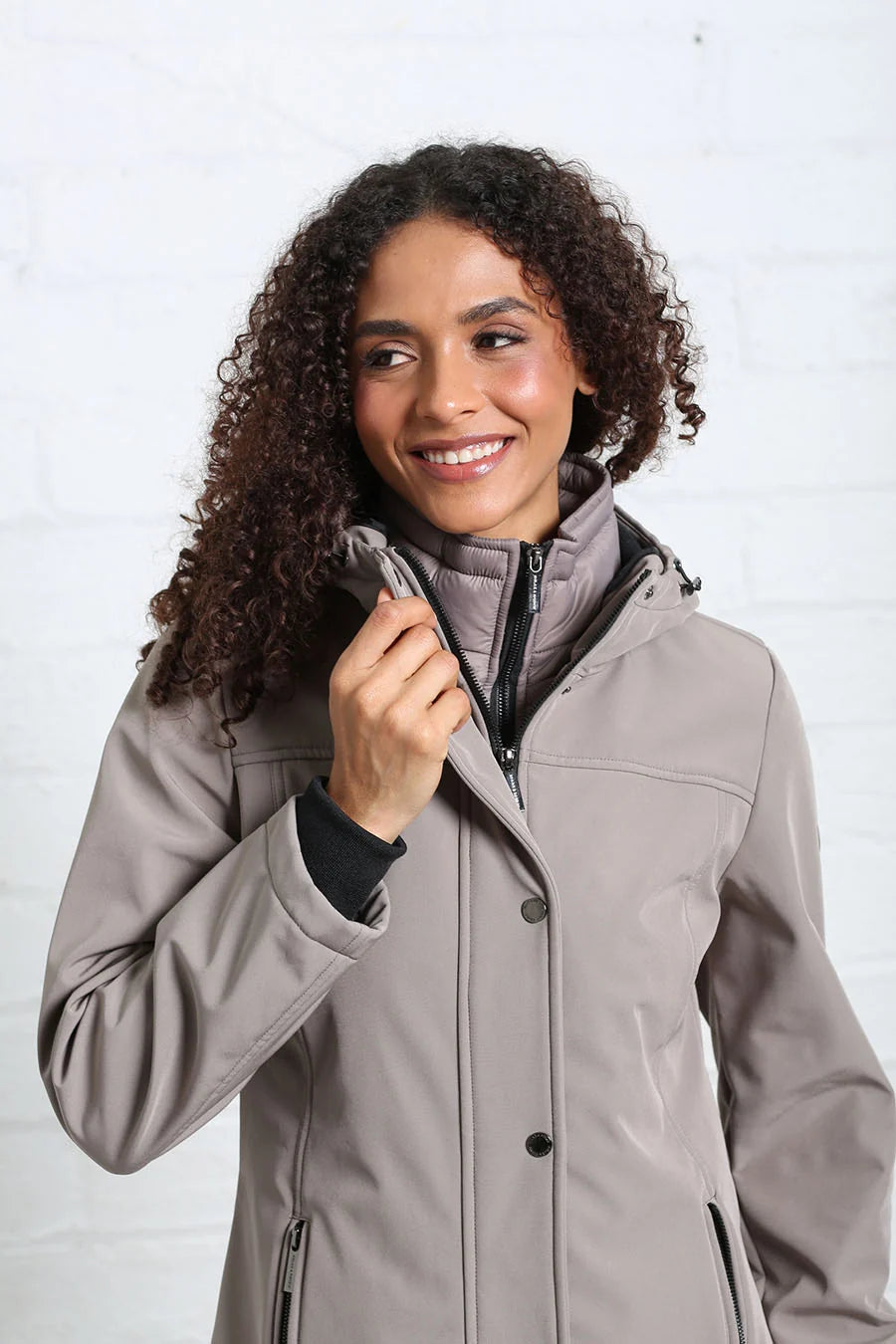 Rant & Rave Relax & Renew Elsie coat in taupe, close - up model view with hood and zip front