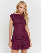 Tally Weijl Burgundy Lace Mini Dress worn by model, back view