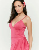 Tally Weijl pink mini dress worn by model, upper front detail view