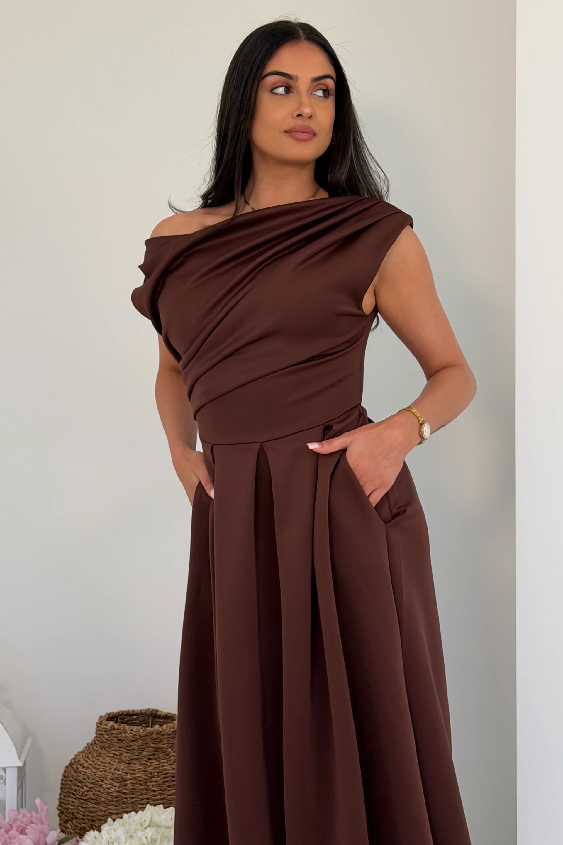 Girl In Mind Betty Asymmetric Neckline Skater Midi Brown in Brown close up view