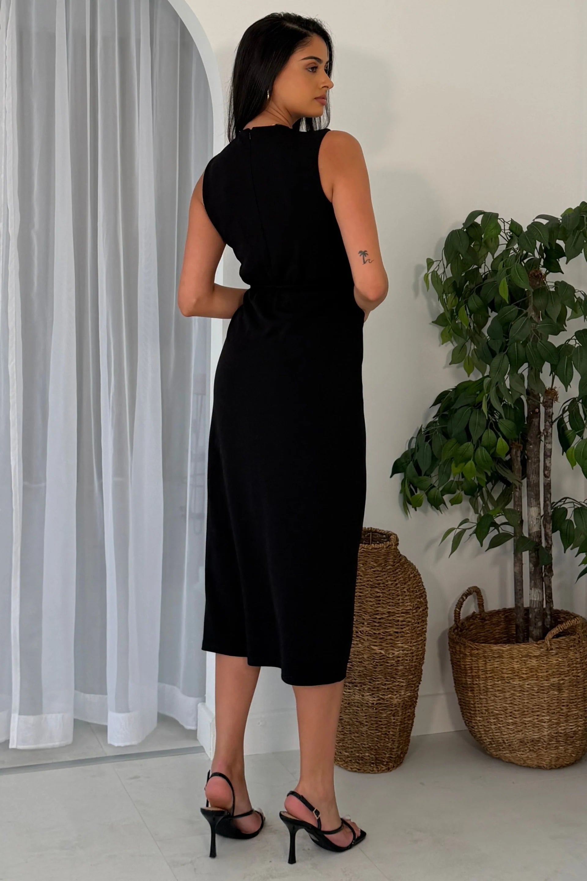 Girl In Mind Louisa black wrap detail midi dress, back model view