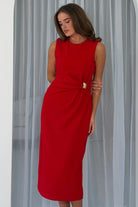 Girl In Mind Louisa red wrap detail midi dress with gold buckle, close model view