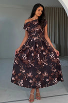 Girl In Mind Betty brown floral asymmetric neckline skater midi dress, front model view with flared skirt