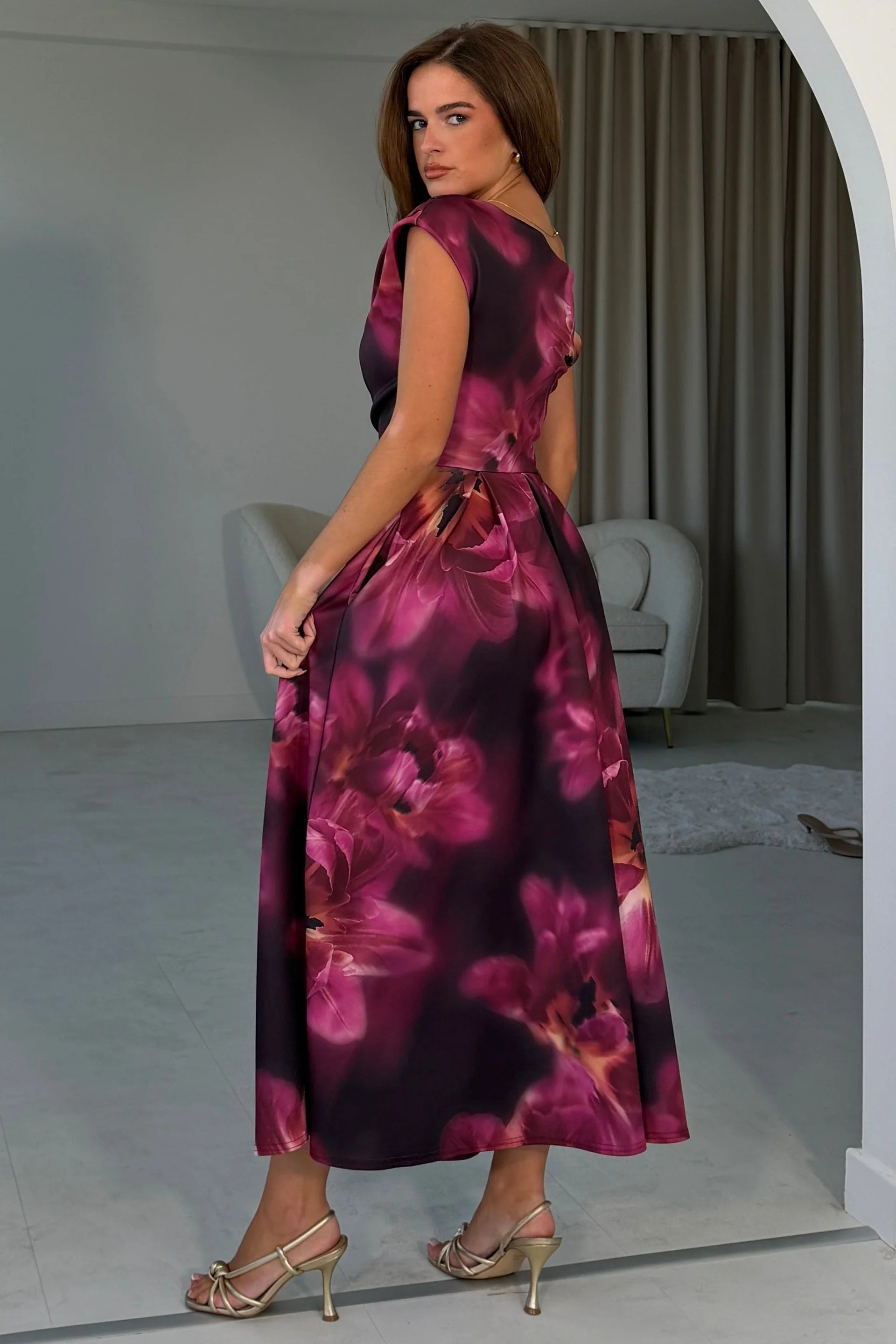 Girl In Mind Betty plum floral skater midi dress, back model view