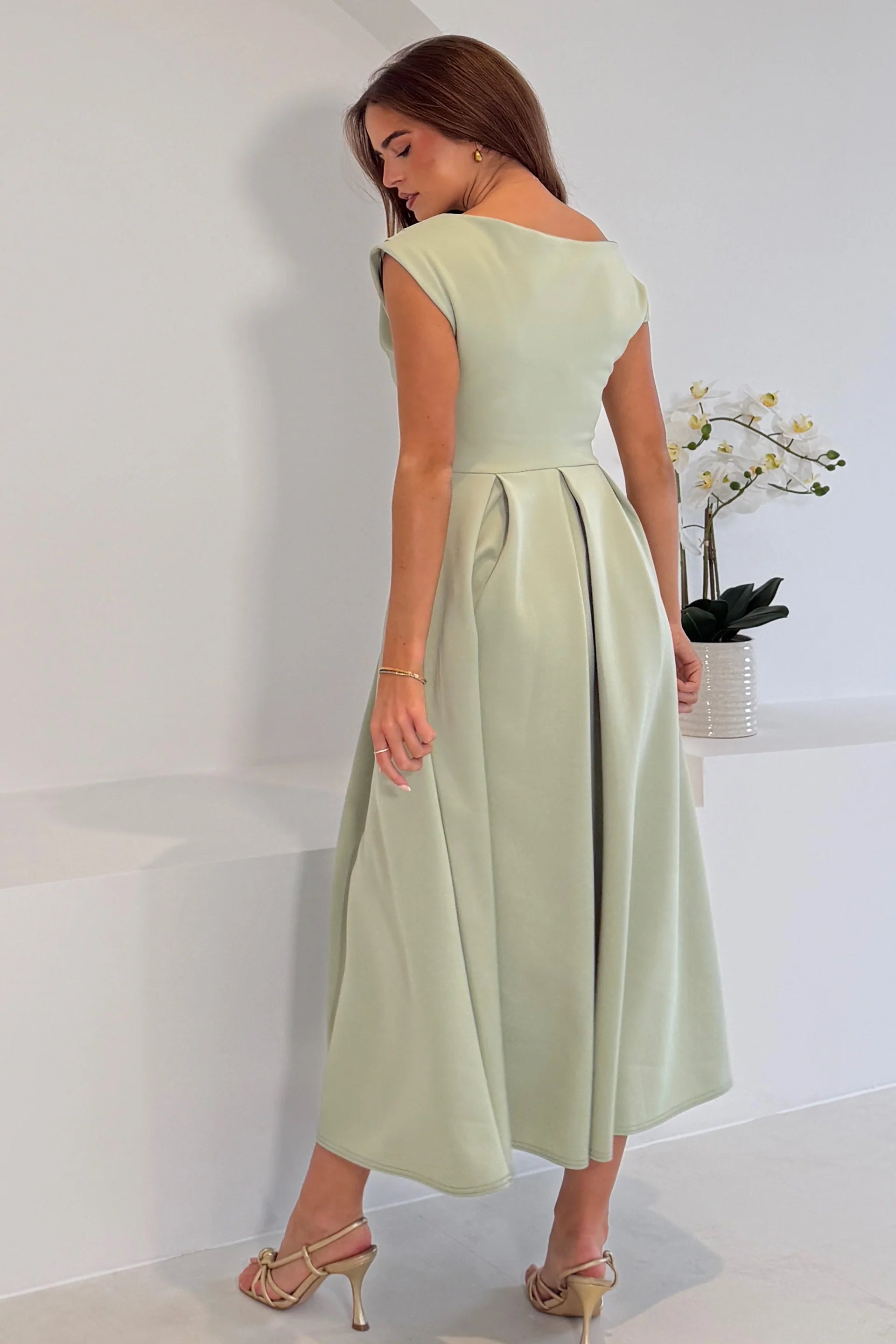 Girl In Mind Betty asymmetric neckline skater midi dress in sage, back model view