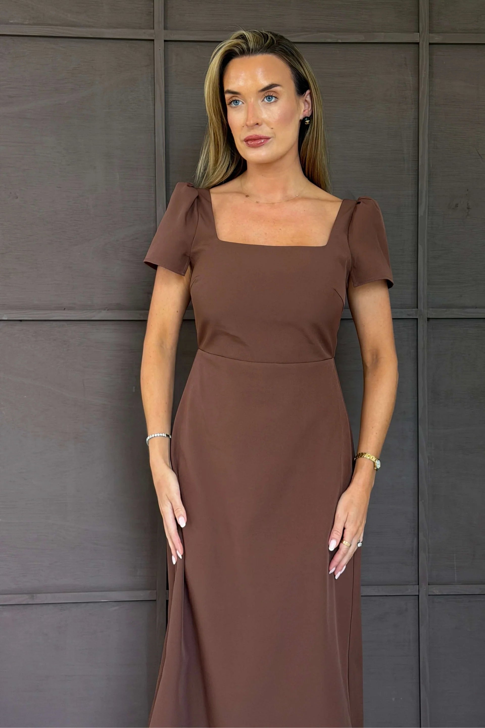 Girl In Mind Valentina brown midi dress, front detail view showing square neckline and short sleeves.