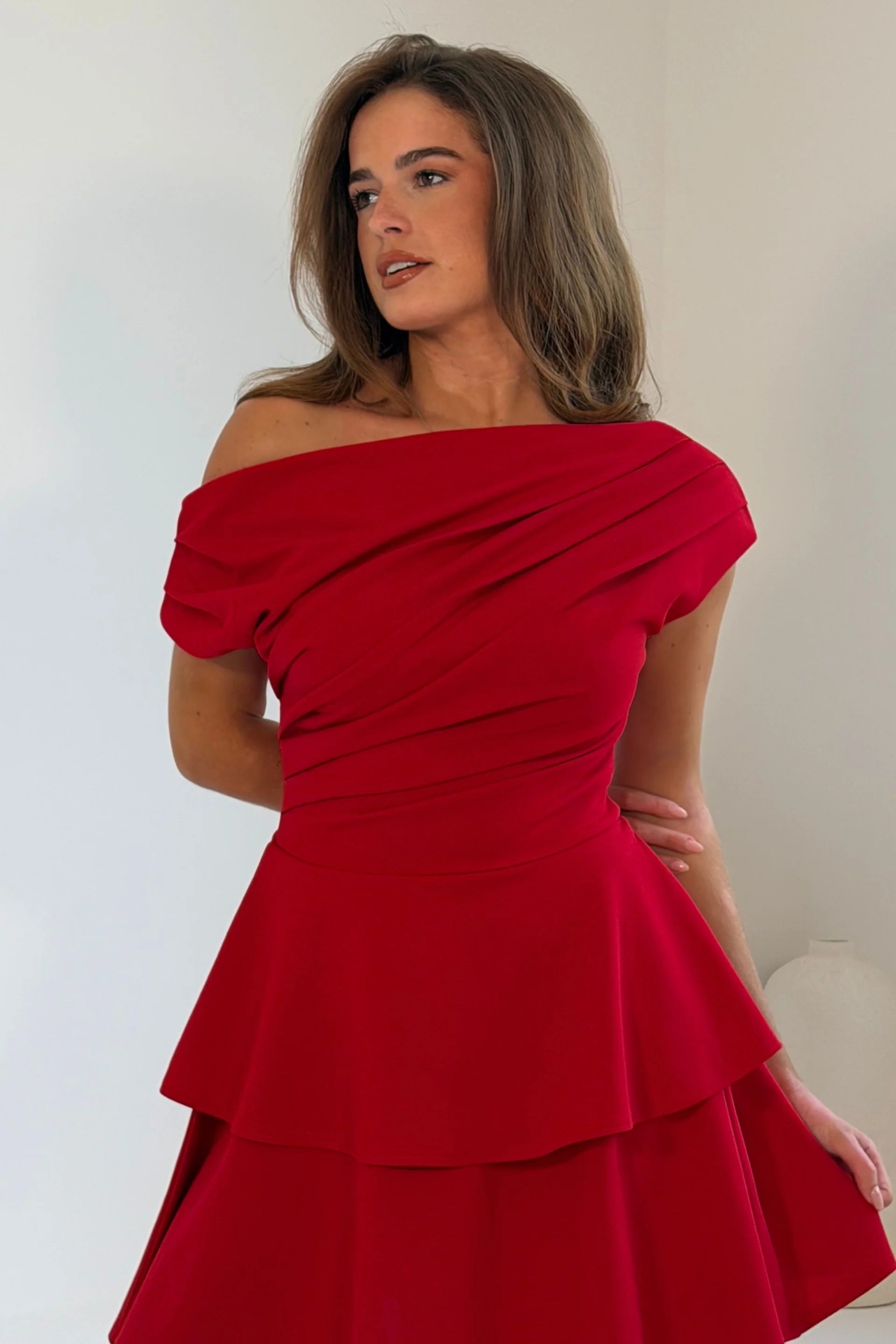 Girl In Mind Pippa double frill mini dress in red, close - up front model view
